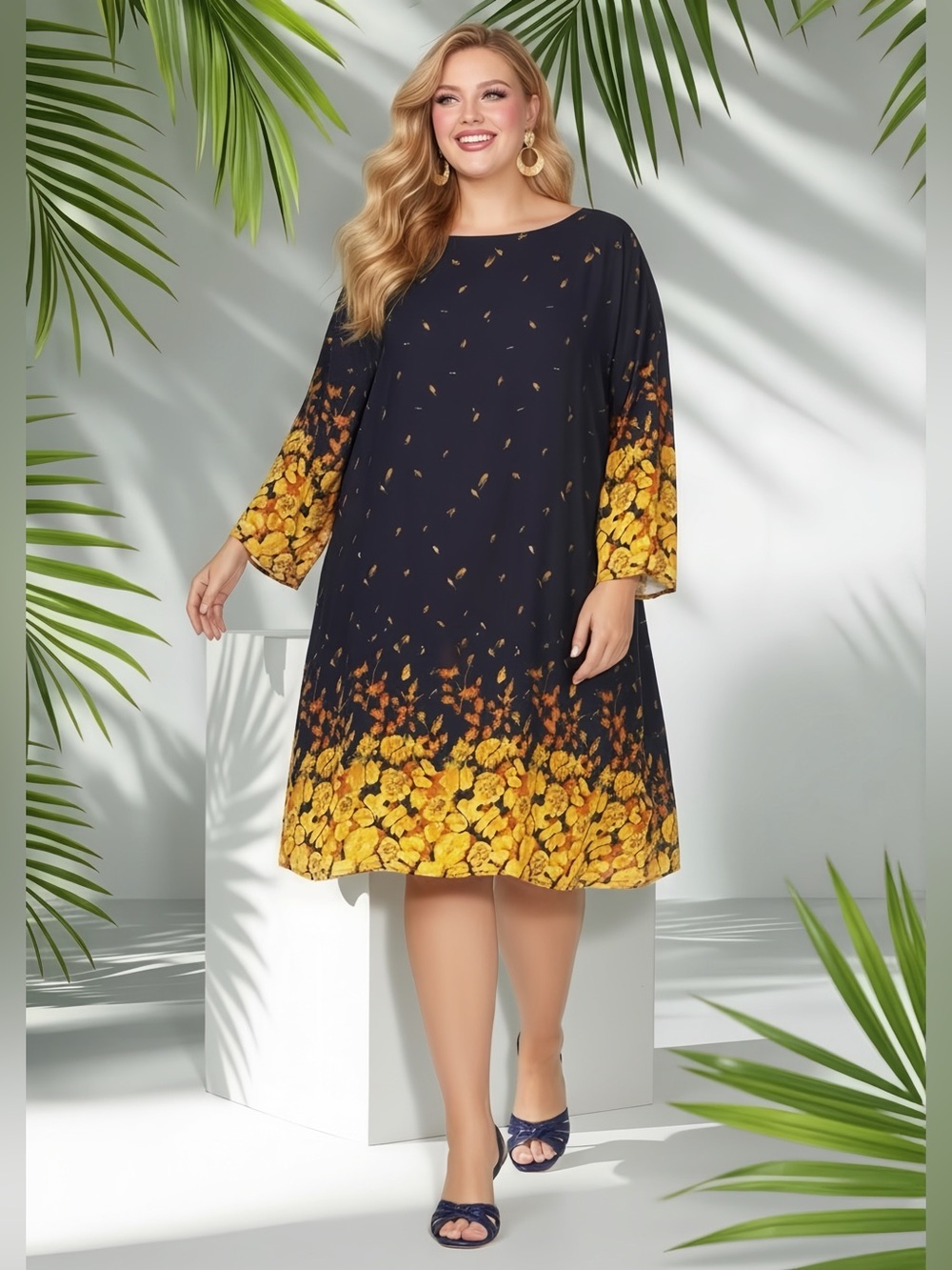 Grace Karin Navy and Yellow Floral Midi Shift Dress